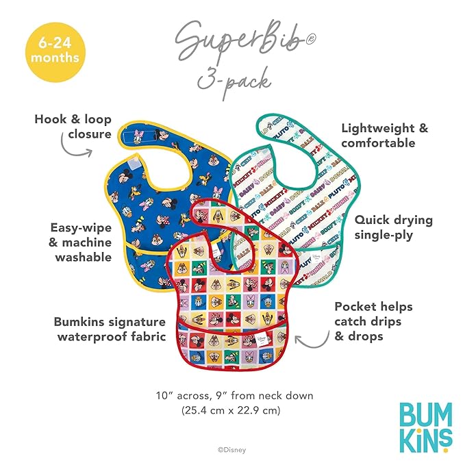 Bumkins Disney Bibs for Girl or Boy, SuperBib Baby and Toddler for 6-24 Months, Essential Must Have for Eating, Feeding, Baby Led Weaning, Mess Saving Waterproof Soft Fabric, 3-pk Mickey and Friends