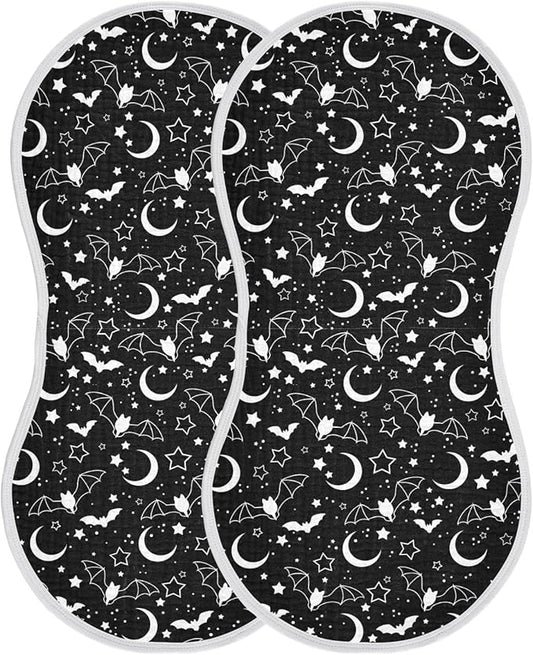 Muslin Burp Cloths for Baby Boys and Girls - 2-Pack Ultra Absorbent Halloween Bats Moons Star Muslin Washcloths, Newborn Towel, Milk Spit Up Rags, Burp Cloth Bibs for Unisex, 22 x 11 Inch