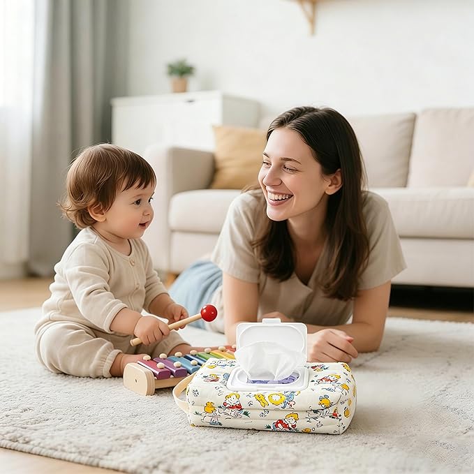 Quilted Baby Wipe Holder Floral Diaper Pouch Portable Quilted Wipes Bag for Car, Stroller