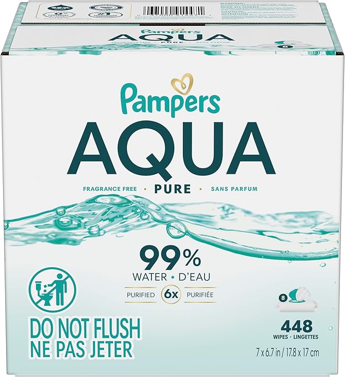 Pampers Aqua Pure Baby Wipes, 99% Water, Fragrance Free, 448 Baby Wipes Total (8X Flip-Top Packs) [Packaging May Vary]