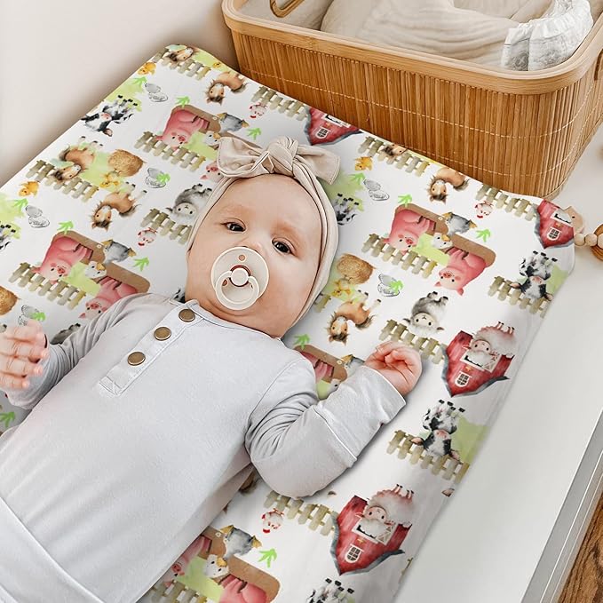 HawSkgFub Farm Animals Life Barn Changing Pad Cover for Baby Girls Boys, Natural Cow Chicken Pig Horse Diaper Change Table Covers, Soft Stretchy Safe Snug Fitted Changing Mat Sheets Fit 32"/34" x 16"