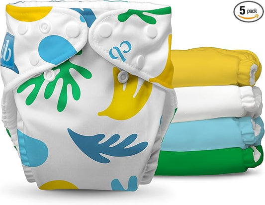 Charlie Banana Cloth Diapers, Reusable, Washable, Adjustable One Size Diaper, for Babies and Toddlers, with Absorbent Inserts - Banana Leaves, 5 Pack