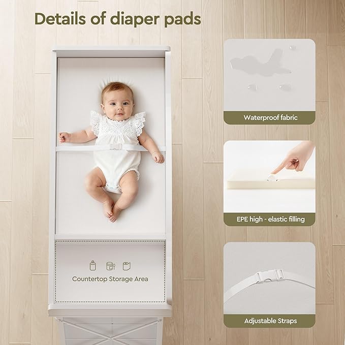 YeTom Baby Changing Table with 9 Fabric Boxes, Waterproof Diaper Changing Station & Pad, Mobile Nursery Diaper Changing Table, Baby Furniture, White