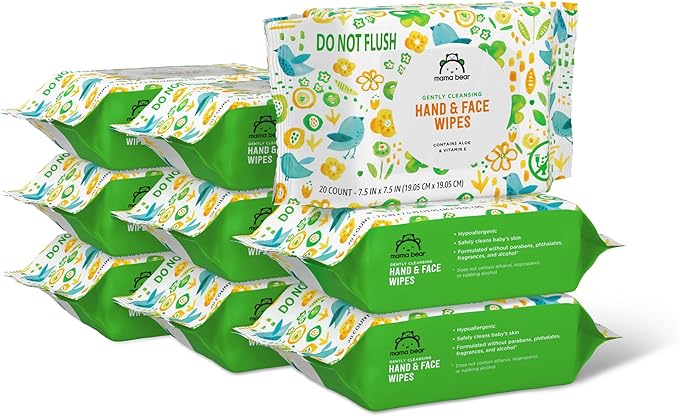 Amazon Brand - Mama Bear Baby Hand & Face Wipes, Unscented, Fragrance Free, Cleansing, Formulated without Parabens and Phthalates, 180 Count (9 Packs of 20)