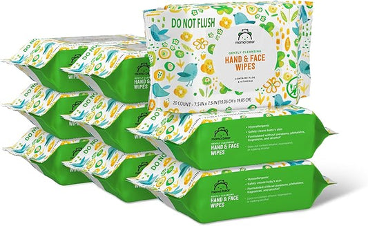 Amazon Brand - Mama Bear Baby Hand & Face Wipes, Unscented, Fragrance Free, Cleansing, Formulated without Parabens and Phthalates, 180 Count (9 Packs of 20)