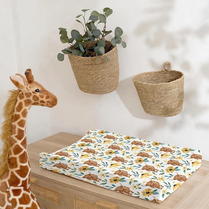 Changing Pad Cover for Baby Girls, 32"/34" x 16" Safe Snug Diaper Change Table Pad Covers, Soft Stretchy Changing Pad Sheets Highland Cow Sunflower Theme Nursery Decor