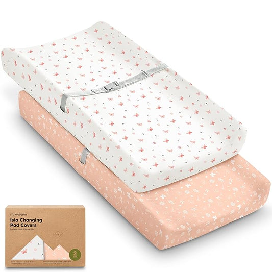 2-Pack Baby Changing Pad Cover for Girl, Boy - 34x18 Soft Viscose Derived from Bamboo Baby Diaper Changing Table Pad Cover Sheets, Neutral, Snug Fit Nursery Diaper Change Sheets (Butterflies)