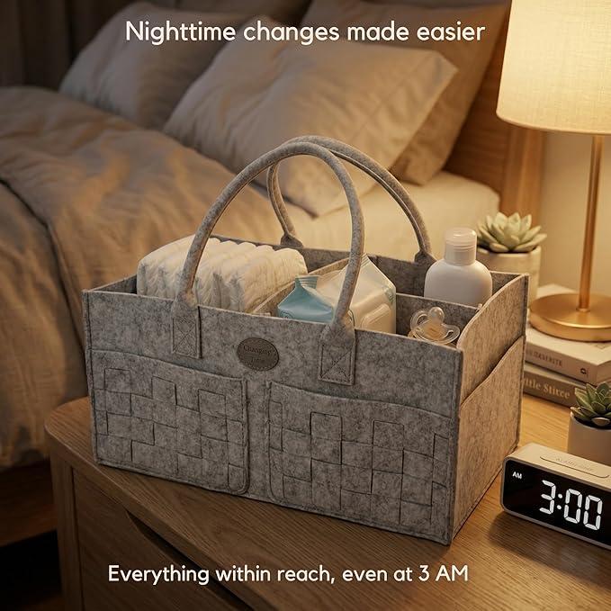 Baby Diaper Caddy Organizer for Nursery – Large Felt Storage Basket for Baby Essentials, Wipes & Diapers – Portable Nursery Organizer Bin for Changing Table or Living Room Light Grey