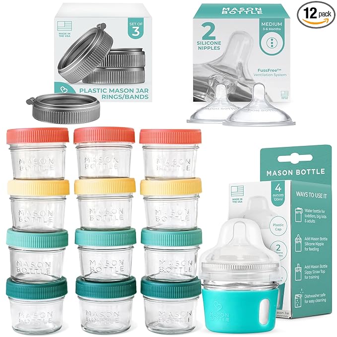 Complete Baby Glass Bottle & Breastmilk Storage Kit | 8oz Mason Jars w/Lid + Slow & Medium Flow Nipples (0-6 Months) + Plastic Mason Jar Rings & Caps + Silicone Sleeves