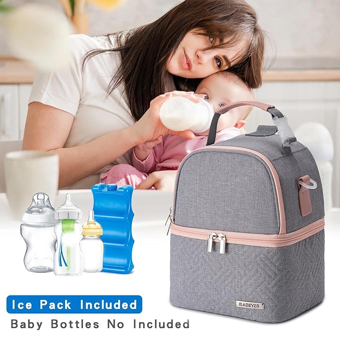 Breastmilk Cooler Bag with Ice Pack Fits 6 Baby Bottles up to 9 Ounce, Breast Milk Pump Cooler Bag with Shoulder Strap for Nursing Mom Daycare, Work, Travel- Grey