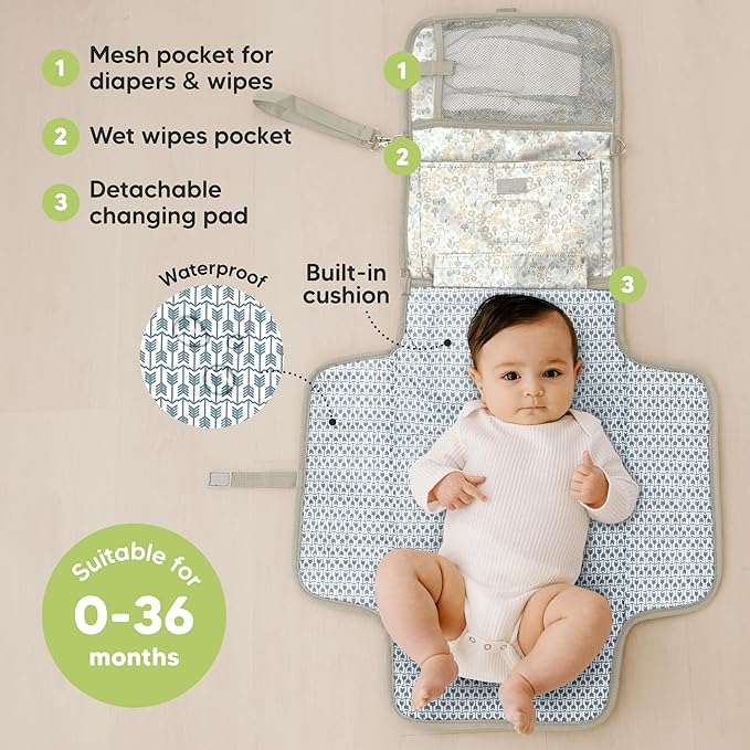 KeaBabies Portable Diaper Changing Pad, Travel, Car - Large Waterproof Baby Changing Mat, Wipeable, Padded, On The Go Travel Diaper Clutch Bag, Easy to Use Pockets for Newborn Essentials (Prairie)