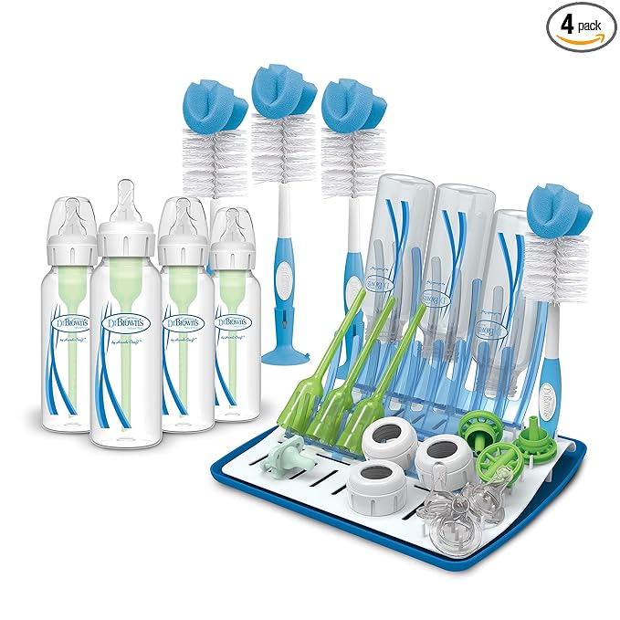 Dr. Brown's Universal Baby Bottle and Accessory Drying Rack with Reusable Sponge Baby Bottle Cleaning Brush Set and Anti-Colic Options+ Baby Bottles 8 oz, 0m+ Level 1 Nipple, 4 Pack