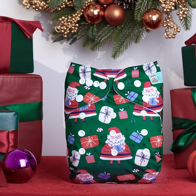 ALVABABY Christmas Baby Cloth Diapers One Size Adjustable Washable Reusable for Baby Girls and Boys 1 Pack with 2 Inserts QD93-2T