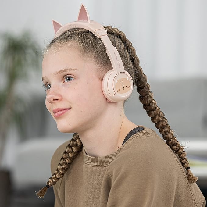 BuddyPhones PlayEars Plus | Cat Ear Foldable Bluetooth Kids Headphones + Microphone, Works Wired or Wireless - SafeAudio Volume-Limiting for iPhone/iPad/Tablet/PC and More