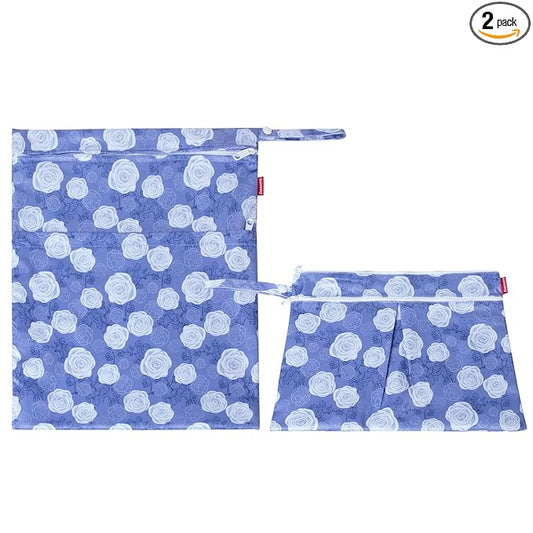 Damero 2 Pcs Wet Dry Bag for Cloth Diaper, Swimsuit, Clothes, Water-Resistant Reusable Wet Bag for Travel, Exercise, Beach, Pool, Daycare, Purple Flowers