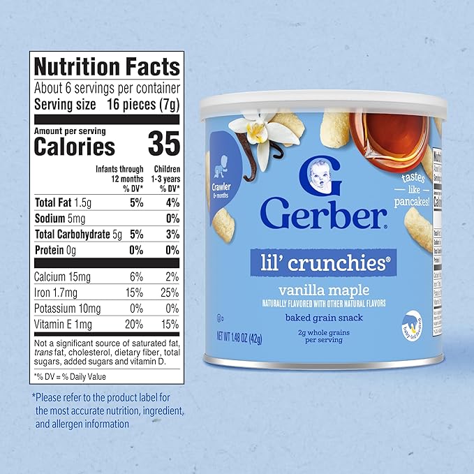 Gerber Stage 3 Baby Food Snacks, Vanilla Maple Lil' Crunchies, Snacks for Babies, Baby Led Feeding, 6-Pack