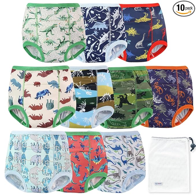EZ Moms 10 Packs Reusable Potty Training Underwear for Boys Double Absorption Toddler Training Pants 3T-4T Boys High Waist Dinosaur Toddler Boy Underwear 4T Kid Confident Pee Pants with a Laundry Bag