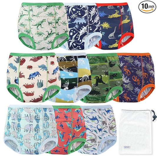 EZ Moms 10 Packs Double Absorption Potty Training Underwear for Boys Reusable Toddler Training Pants 5T High Waist Dinosaur Toddler Underwear Boys 5T Kid Confident Pee Pants with a Laundry Bag