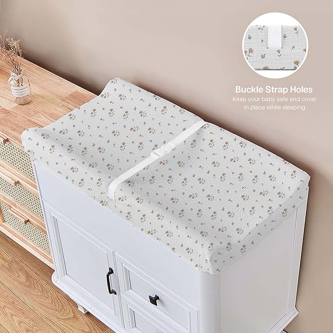 Mi Flor 2 Pack Muslin Changing Pad Cover 16x32x5 inches – Ultra Soft CPC Certified Baby Changing Table Cover with Elastic Corners, 360° Fit, Lightweight, Breathable, Fits Most Changing Pads
