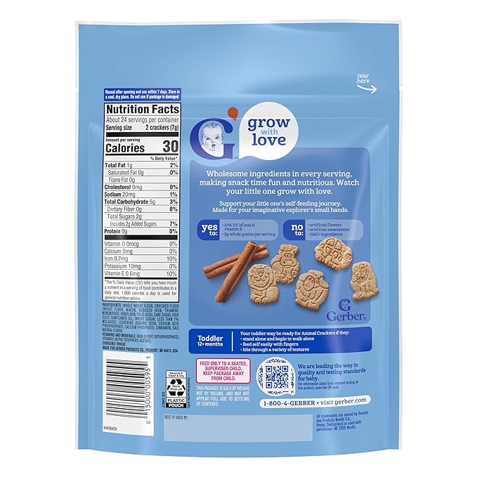 Gerber Snacks for Toddler Animal Crackers, Cinnamon Graham, Toddler Snack Baked with Whole Grains & Non-GMO Ingredients, 6 Ounce Resealable Pouch Each (Pack of 5)