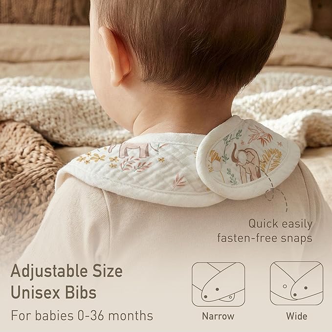 GLLQUEN BABY Muslin Drool Bibs for Boys Girls 8 Pack, Adjustable Baby Bibs for Drooling and Teething, Soft Cotton Baby Bandana Bib for Newborn Feeding Essentials (Line-Talk Elephant)