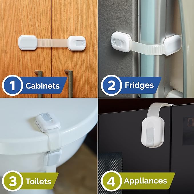Child Safety Strap Locks (6 Pack) Baby Locks for Cabinets and Drawers, Toilet, Fridge & More. 3M Adhesive Pads. Easy Installation, No Drilling Required, White/Gray