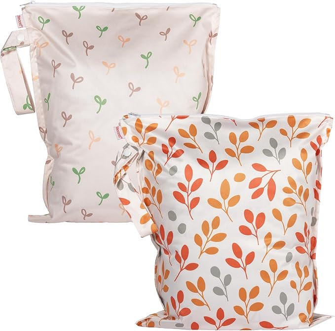 HECCEI Wet Dry Bag, 2-Pack Reusable Waterproof Wet Bags for Swimsuits & Baby Clothes, Leakproof Cloth Diaper Wet Bags for Travel & Diaper Changes (Leafy Canopy)