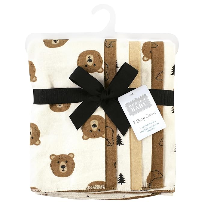 Hudson Baby Unisex Baby Cotton Flannel Burp Cloths, Brown Bear 7 Pack, One Size