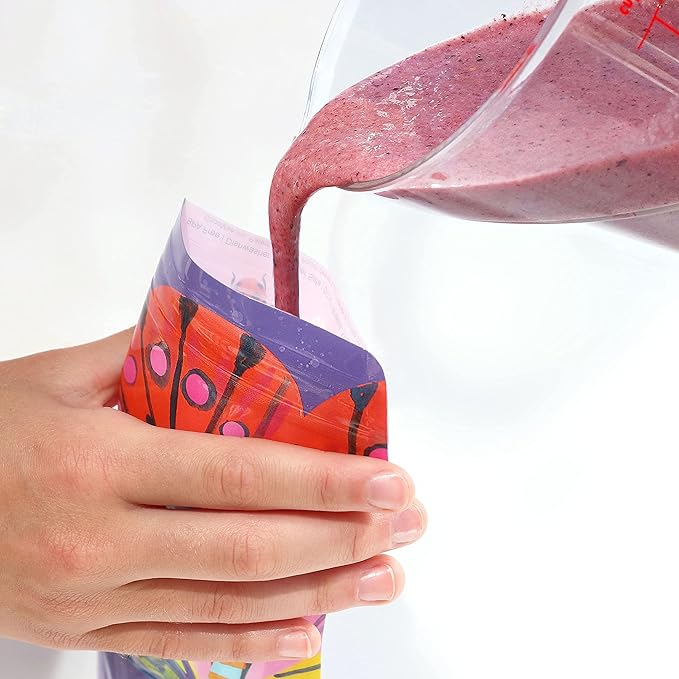 ChooMee Reusable Baby Food Storage Pouches | BPA Free Leakproof Toddler Squeeze Pouch for Smoothies, Purees & Baby Food | Refillable, Double Zipper, Easy Clean, Wide Bottom | 6CT, 8oz FlutterBug