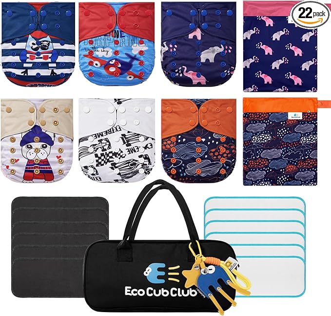 Reusable Washable Cloth Diapers 6pcs for Baby Shower,Leak-Proof Double Gussets Fleece Lining,12 Soft Fleece Inserts & 2 Wet Bags,Packed in Durable Travel Handbag&Key ChainB-04-F
