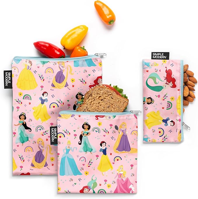 Simple Modern Disney Reusable Snack Bags for Kids | Food Safe, BPA Free, Phthalate Free, Polyester Zip Pouches | Washable & Refillable Sandwich Bag | Ellie Collection | 3 pack | Princess Rainbow