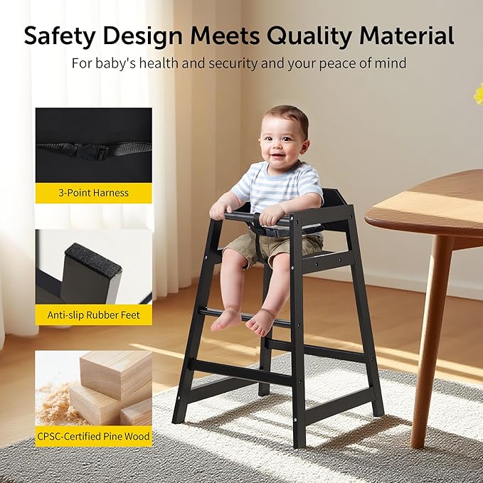 4-Pack Wooden Baby High Chair -Stack-able Solid Wood Feeding Seats, with Commercial Grade Solid Wood for Dining Table & Kitchen - Compact & Portable Design for Restaurant & Home Use（Black）