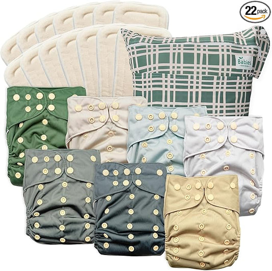 7-Pack Reusable Cloth Diapers with AWJ Interior – Includes 14 Absorbent Inserts and 1 Wet Bag – Adjustable, Waterproof, and Washable (Serene Sands, Cotton Inserts)