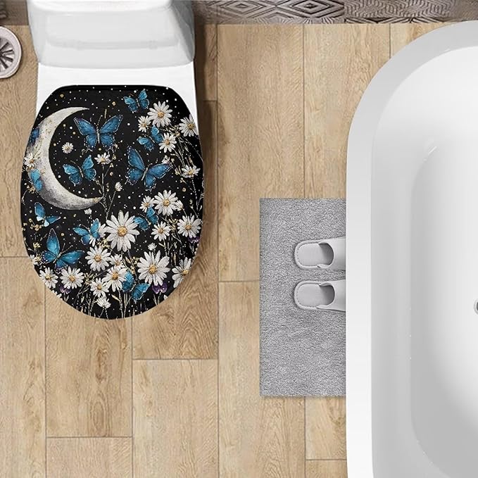 Butterfly Daisy Toilet Lid Cover Flannel Toilet Lid Cover Protector Decor Stretch Washable Suitable for Home School Hotel Dormitory Apartment，Bathroom Accessories