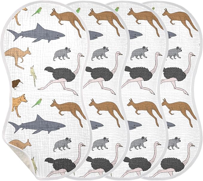 Australian Animal Koala Kangaroo Muslin Burp Cloths for Baby 4 Pack 100% Cotton Baby Washcloths Bibs for Boy Girl