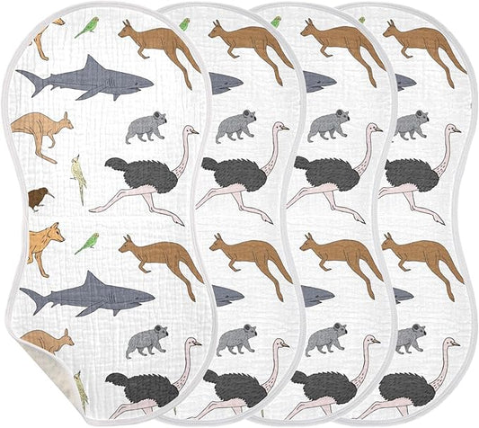 Australian Animal Koala Kangaroo Muslin Burp Cloths for Baby 4 Pack 100% Cotton Baby Washcloths Bibs for Boy Girl