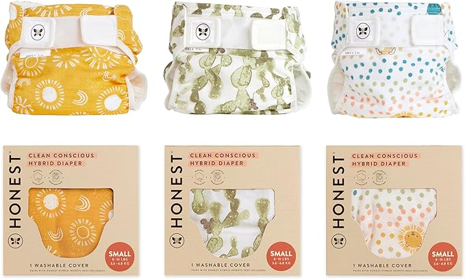 Super Boosties 32ct + Honest Hybrid Cloth Diaper Cover with Pocket-Sling, Small (8-15 lbs), Stops Nighttime Leaks, Boosties Disposable Diaper Inserts, Honest Cotton Muslin Covers, 3 Pack, Starter Kit
