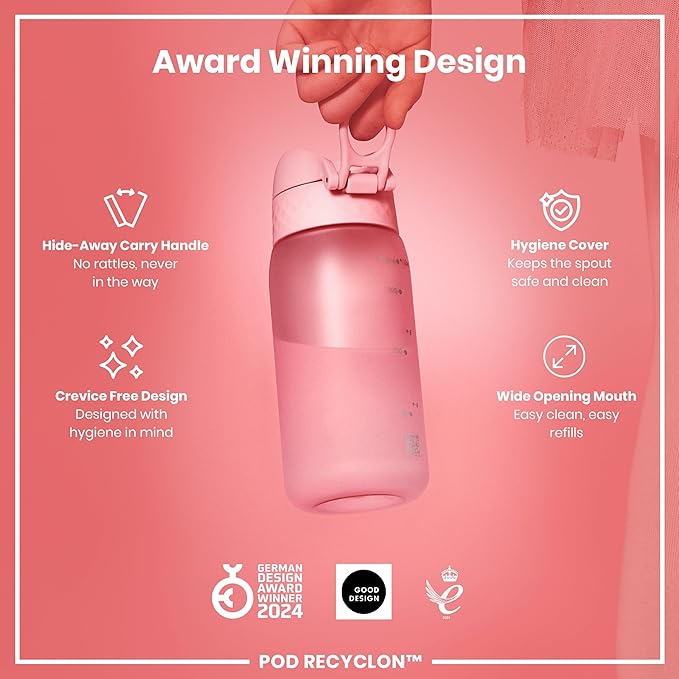 Ion8 Small Water Bottle, 350 ml/12 oz, Leak Proof, Easy to Open, Secure Lock, Dishwasher Safe, BPA Free, Carry Handle, Hygienic Flip Cover, Easy Clean, Odor Free, Carbon Neutral, Rose Quartz Pink