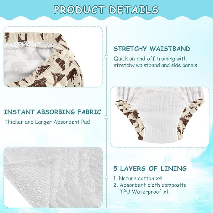 Little Boys Potty Training Underwear Set Reusable Boxers Underwear for Infant 2T Safari Animals Like Bears Deer and Bison