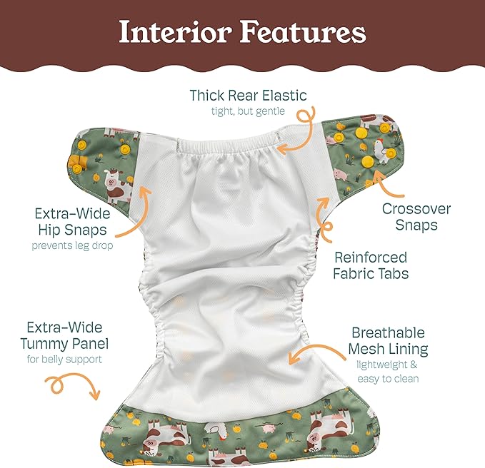Kinder Cloth Diapers Reusable Baby Diapers Pocket Style Athletic Wicking Jersey, Bamboo Viscose Inserts, Wet Bag, Newborn to Potty Training 7-60lbs, One Size (On the Farm, 3 Pack, with Inserts)