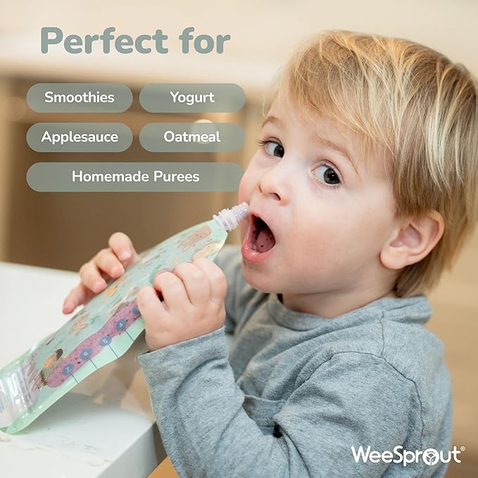 WeeSprout Double Zipper Reusable Food Pouches, Perfect for Babies & Toddlers, Freezer & Dishwasher Safe (Animals, 7 Fl Oz (Pack of 6) + Pouch Filler)