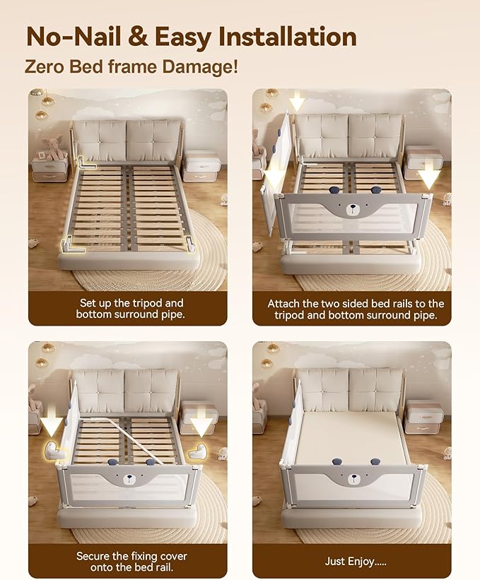 2 Piece Bed Rails for Queen Bed, No-drill Needed Baby Bed Rail Guard for Toddlers with Height Adjustable, Thickened Child Safety Side Railing Guards/Bedrail for Kids, Grey Bear Design, 60x78.7inInches