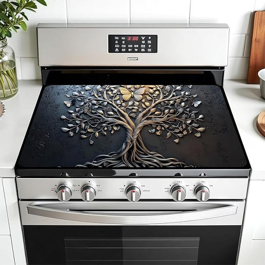 Multi-Design Stove Top Cover for Glass/Electric Stoves - 3-in-1 Heat-Resistant Protector Mat, Non-Slip Drying Rack 30"x21"(Tree of Life - Black)