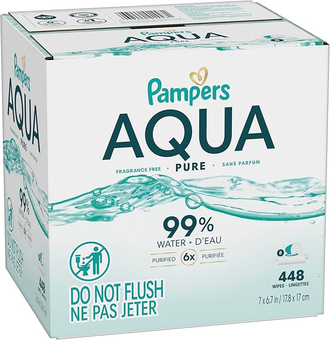 Pampers Aqua Pure Baby Wipes, 99% Water, Fragrance Free, 448 Baby Wipes Total (8X Flip-Top Packs) [Packaging May Vary]