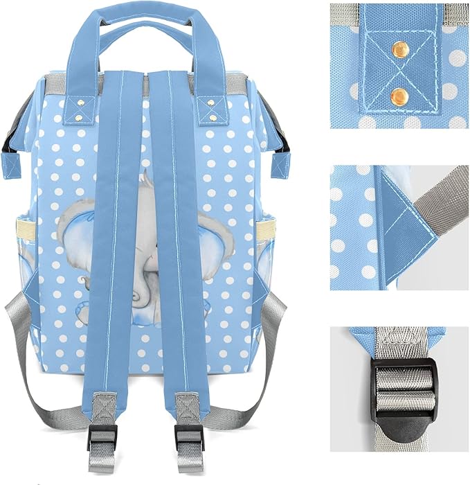 Elephant Polka Dot Blue Diaper Backpack with Name Custom Backpack Mommy Nappy Baby Bag Waterproof Casual Travel Daypack Tote Bag for Mom Dad