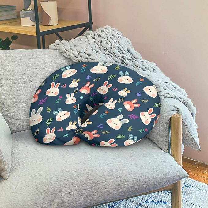 Cartoon Rabbit Nursing Pillow Cover Girls, Hand Draw Bunny Plant Leaves Baby Breastfeeding Infant Newborn Pillowcase Nursing Pillow Modern Botanical Original Support Cover