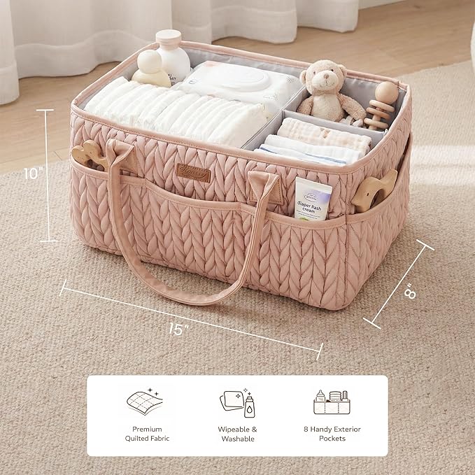Konssy Braided Quilted Diaper Caddy Organizer, Boho Nursery Storage Basket with PU Leather Handles, Water-Repellent Portable Diaper Basket for Changing Table, Newborn Essentials (Blush)