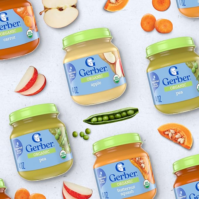Gerber Stage 1 Baby Food, Organic Carrot Jar, Carrot Puree, Non-GMO, Vegetable Baby Food, Puree Jars Glass, 10-pack