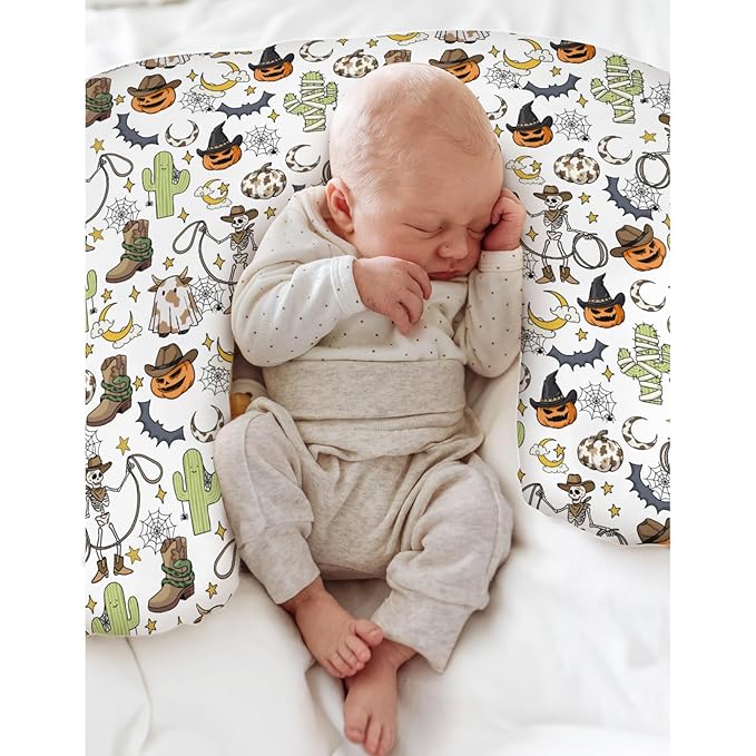 Western Halloween Cowboy Nursing Pillow Covers for Boy Girl Spooky Skeleton Pumpkin Cactus Witch Bats Nursery Pillowcase for Breastfeeding Pillows Wild West Country Soft Stretchy Slipcovers for Infant