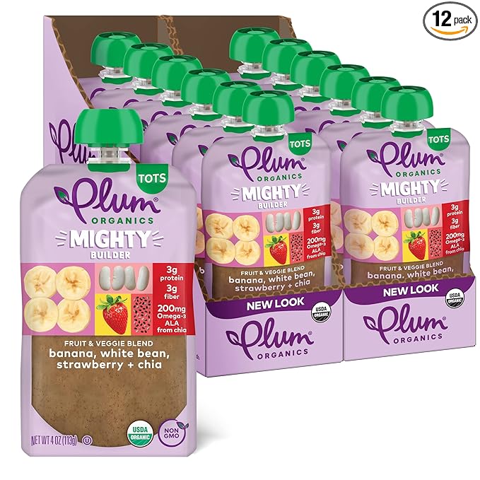 Plum Organics - +12 Months Organic Baby Food - Banana, White Bean, Strawberry & Chia - Non-GMO - On-The-Go Pouches for Baby & Toddler Meals - Quality Tested Ingredients - 4 oz (Pack Of 12)